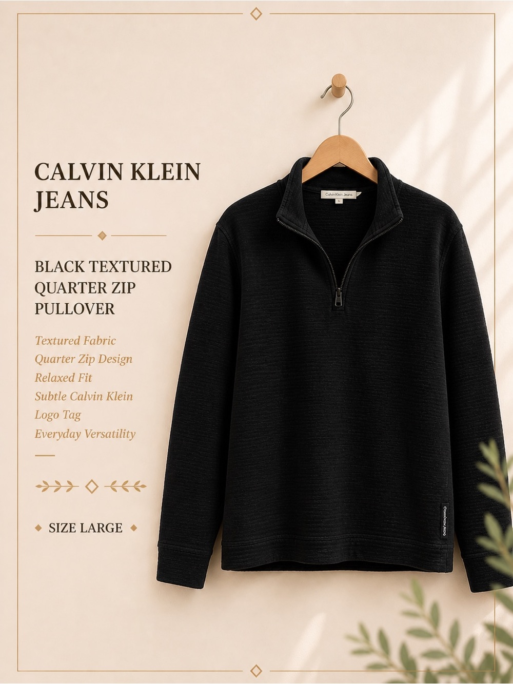 Calvin Klein Jeans Black Textured Quarter Zip Pullover Large